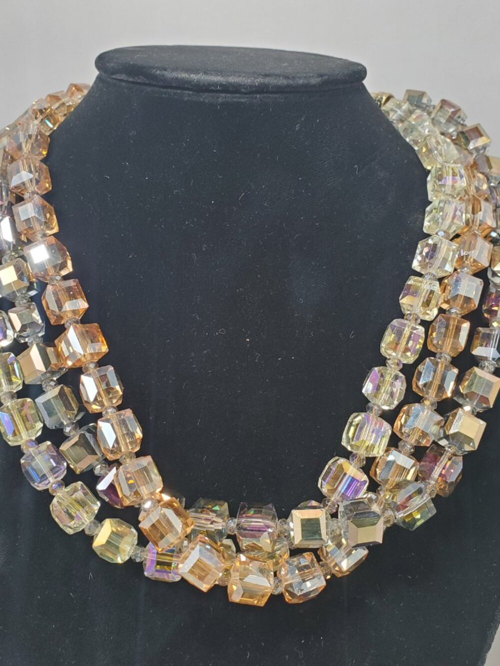 Ali Khan 3-Row Faceted Glass Cube Bead Necklace –Multi-Tonal Statement Piece